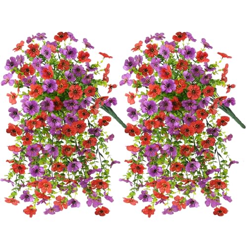 INQCMY 2Pcs Artificial Fake Hanging Flowers for Outdoors UV Resistant Artificial Plants for Spring Summer Decor Look Real Faux Flowers for Outside Home Planter Porch Patio Decor - color: Red Purple