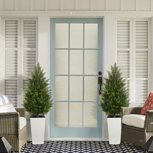 4FT Tall 2 Pack Artificial Cedar Topiary Trees with Compact Pyramidal Shape, Realistic Faux Cypress in Square White Pot with Fillable Water Bag, Outdoor Evergreen for Front Porch Garden Home Decor - color: White-pyramid Topiary, size: 4ft-2pack