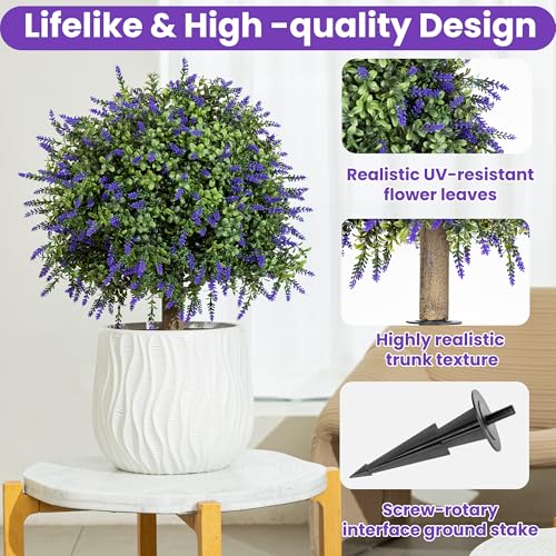 Artificial Lavender Topiary Ball Trees, 2 Pcs 23.6" Faux Lavender Bushes with 4 Ground Spikes, Fake Evergreen Plants for Home, Garden, Yard, Patio, Front Porch Decor