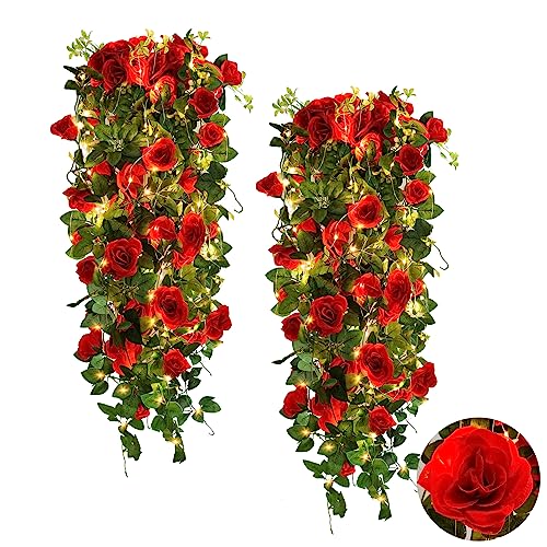 RECUTMS Artificial Red Roses Hanging Flowers Plants, 2 pcs 3.3 Ft Fake Silk Floral Ivy Garlands with 30 Fairy String Lights Greenery for Home Room Garden Wedding Arch Indoor Outdoor Wall Party Decor - color: Red, size: 2 pcs light