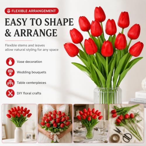 10 Pack Tulips Artificial Flowers PU Faux Flowers Fake Tulips for Home Kitchen Wedding Dining Table Decorations Mother's Day Easter Valentine's Day Decor (Red) - color: Red