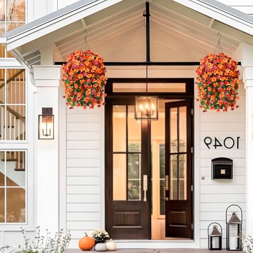 INQCMY Artificial Fake Hanging Plants Flowers Basket for Fall Autumn Outdoor Decoration,Faux Silk Begonia in Planter UV Resistant Realistic for Outside Home Porch Patio Balcony Yard Decor - color: Orange Brown