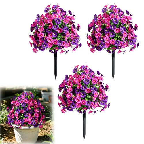 Artificial Petunias with Ground Stake - UV Resistant & Waterproof Faux Flowers for Outdoor Indoor Garden, Yard, Planter, Porch & Home Decor (Style D, 3 Pcs) - color: Style D , 3 Pcs