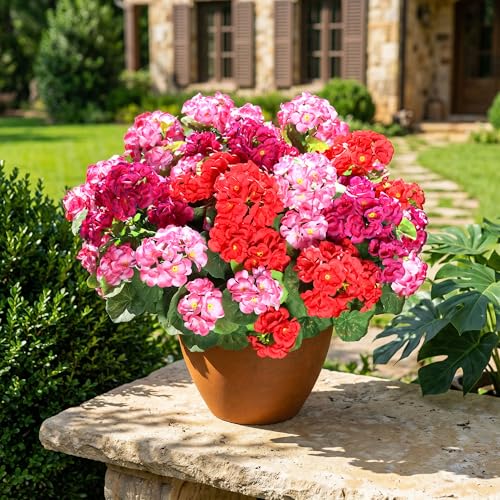 Fake Geraniums Artificial Flowers for Outdoors, 6 Bundles Silk Geraniums Flowers Realistic UV Resistant Fake Plants Faux Flowers for Outside Planters Front Door Garden Balcony Yard Porch Indoor, Mix - color: 2 Red, 2 Fuchsia, 2 Pink