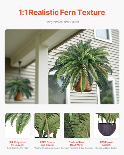 VEVOR Artificial Ferns, Natural Spread Diameter 41 Inch, Large Hanging Fake Boston Ferns, Sunlight Resistant Fake Plant Wall Decor with 80 Branches and Flowerpot, Faux Fern for Home Office Outdoor - size: 42 inch（80 Branches）