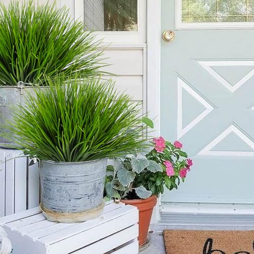 RECUTMS 12 Bundles Artificial Grasses Outdoor Plants Fake Wheat Grass Greenery Shrubs UV Resistant for Planters Wedding Indoor Outside Garden Porch Bathroom Home Office Window Box Decor(Green) - color: Green Grass