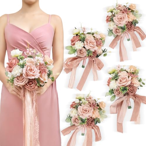 TINGE TIME 7 Inch Wedding Bouquets for Bridesmaid, Set of 4, Artificial Flowers Cascading Bridal Bouquet for Wedding Ceremony Anniversary, Bridal Shower and French Rustic Vintage Wedding (DustyRose) - color: Dusryrose