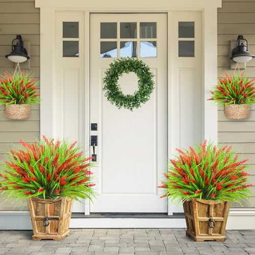 Sggvecsy 12 Bundles Artificial Plants Outdoor Faux Lavender Flowers Fake Monkey Grass UV Resistant Plastic Greenery Plants for Garden Home Porch Window Patio Hanging Planter Indoor Decor (Red) - color: Red, size: 12pcs