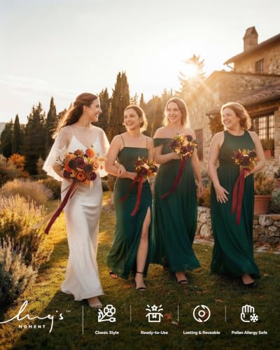 Ling's moment Burnt Orange and Burgundy Wedding Bouquets for Bride, Red Bridal Bouquets for Bride, 13 Inch Free Form Artificial Wedding Flower Bouquet - color: Red-burnt Orange & Burgundy, size: Small 13 Inch
