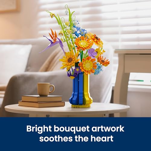 Sunflower Bouquet Building Set with Vase, Gift for Mom Wife Women Girlfriends Adults Couple Teens, Artificial Botanical The Starry Night Flower for Home Office Décor (1147 PCS) - color: Yellow and Blue