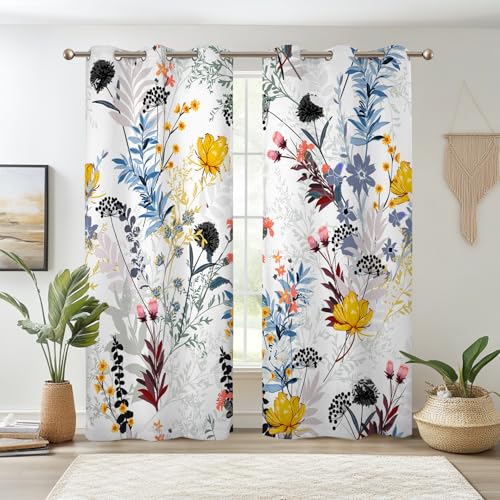 Renaiss Botanical Plants Blackout Curtains, Wild Flowers Plants Print Thermal Insulated Bedroom Window Curtains, Boho Floral Window Curtains for Kitchen, 45" L x 29" W 2 Panel Set - color: Bright Color, size: 29"W x 45"L (Pack of 2)