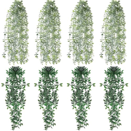 Daifunli 8 Pcs Artificial Hanging Plants Fake Hanging Ferns Plastic Faux Plants for Wall Room Garden Garland Indoor Outdoor Decor No Basket (Eucalyptus,Mandala Vine) - style: Eucalyptus, Mandala Vine