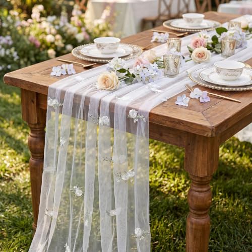 Boao 1 Pcs Eucalyptus Flower Table Runner Embroidery Tulle Summer White Rose Table Runner 120 Inch 10 ft Dining Decoration for Wedding Baby Shower Bridal Shower Home Decor Birthday Party (Champagne) - color: Champagne, size: Eucalyptus