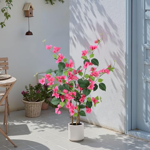 YEPDIN 39.4 inch Artificial Bougainvillea Tree，Faux Flowers Plants with White Decorative Planter,Fake Tree for Living Room,Porch, Garden, Indoors & Outdoors,M100