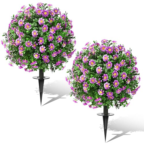 FAJUNZH Artificial Topiary Bushes for Outdoors with Spike, Boxwood Ball Fake Shrubs UV Resistant Faux Plants for Indoor Outdoor Fall Thanksgiving Halloween Decor (Sunflower Boxwood Purple -2 Packs) - color: Sunflower Boxwood Purple