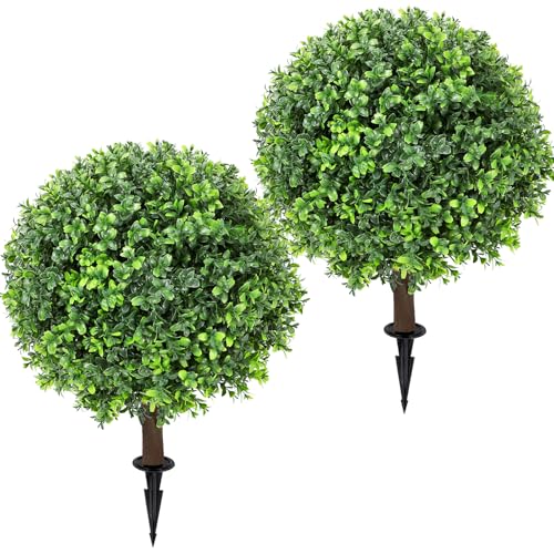 Artificial Boxwood Topiary Ball Tree 24" with Ground Spike, Set of 2 Artificial Boxwood Bushes for Faux Shrubs, Fake Evergreen Faux Plant for Indoor Outdoor Porch Garden- UV Resistant – Fade-Proof - color: Boxwood