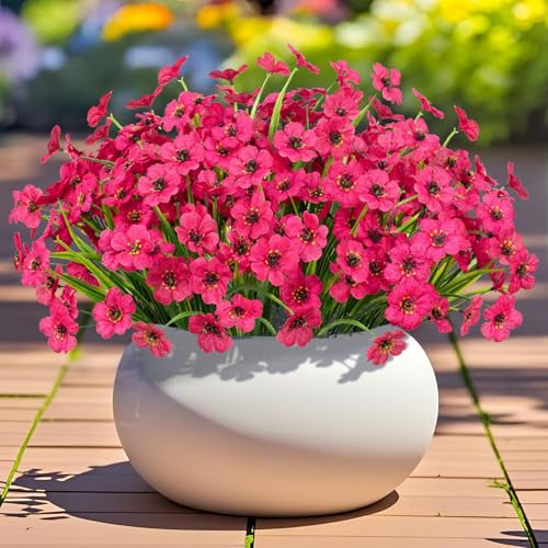 Outdoor Artificial Flowers 21 UV Resistant Bundles Fake Flower Plastic Plants Faux Silk Flowers Porch Hanging Garden Porch Window Box Decorating (Rose Red) - color: Rose Red