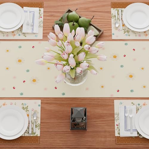 XCHI Wildflowers Cat Daisy Spring Table Runner Summer Table Decoration for Party Home Kitchen Dining Holiday Decor 13x60 Inch - size: 13x60 Inch