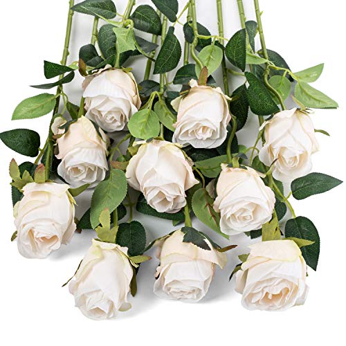 10pcs Artificial Rose Flowers Long Stem Fake Silk Roses for DIY Wedding Bouquet Table Centerpiece Home Decor (White) - color: White