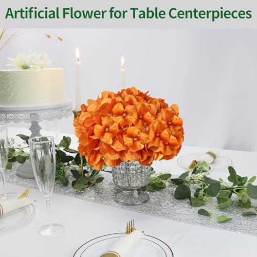 Orange Hydrangea Artificial Flowers Bulk with Stems 64 Pcs | Faux Silk Hydrangeas Flower Heads with Stems for Wedding Arch Table Centerpieces Home Garden Baby Shower Party Decoration - color: Orange