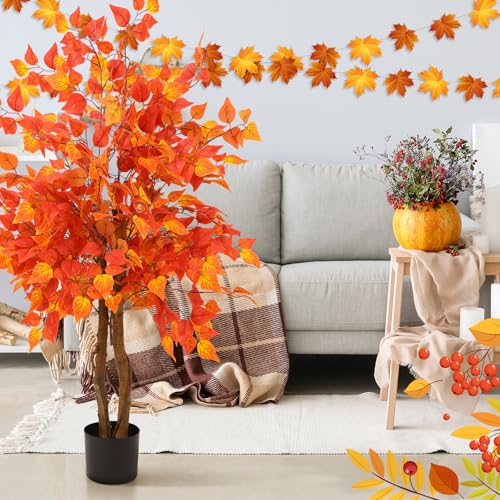 4ft Fall Eucalyptus Tree Artificial Ficus Fall Autumn Tree Decor Artificial Faux Plants Decor with Silk Leaves for Party Porch Fireplace Front Door Outdoor Indoor Office - color: Orange Red