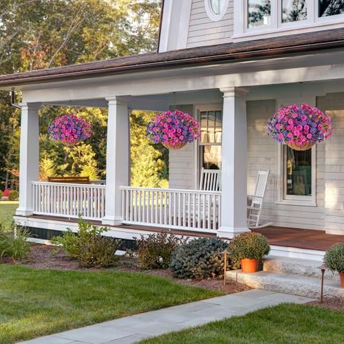 Artificial Fake Hanging Flowers Plants Baskets for Outdoors Spring Summer Decoration, UV Resistant Faux Silk Morning Glory in Planter Realistic for Outside Porch Patio Balcony Garden Yard Home Decor - color: B Purplefuchsia
