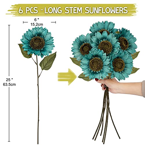 Hollyone Large Silk Sunflowers Artificial Flowers 26" Long Stem Artificial Sunflower 6PCS Faux Vintage Fall Sunflowers Bouquet Bulk for Home Wedding Birthday Party Centerpieces Decorations - color: Peacock Blue