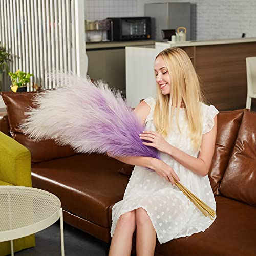 Faux Pampas Grass Decor, 6 Stems Artificial Pampas Grass - 43 inch Tall Pompass Grass Large Pompous Boho Flower Arrangement Home Decor for Room Wedding Party - color: Gradient-purple