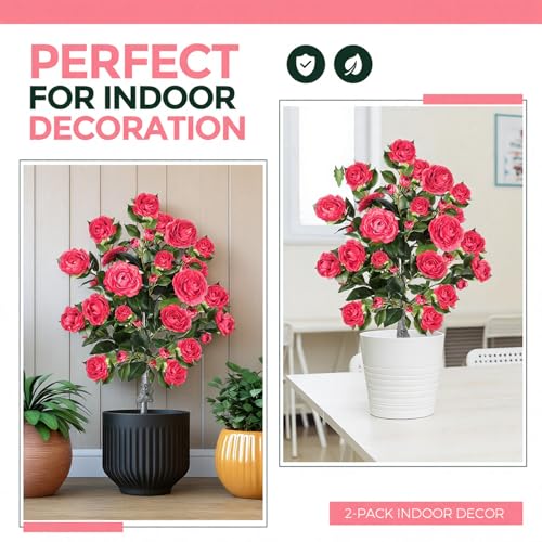 Lunmon 2 Pack 3ft Artificial Camellia Plants Tree 36" Faux Camellia Flower with Spike UV Resistant Realistic Fake Floral Blooming Bush for Indoor Outdoor Front Door Porch Backyard Garden, Rose Pink - color: Rose Pink, size: 3 ft