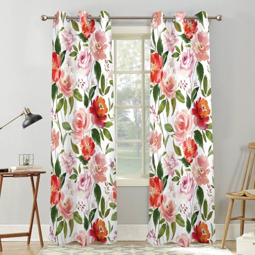 Renaiss Watercolor Flowers Curtains Rose Peony Floral Print Blackout Window Curtain Panels Thermal Insulated Grommet Top Window Curtains for Living Room Bedroom 29W x 45L Inch 2 Panel Set - color: Orange Pink, size: 29"W x 45"L (Pack of 2)