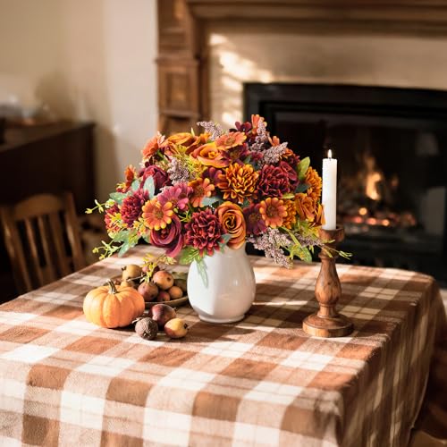 Homsunny Artificial Fake Fall Flowers Centerpieces for Table Decoration, 4 Pcs Faux Silk Flower Arrangements with Mums Chrysanthemum Rose Daisy Floral Bouquets for Home Wedding Party Autumn Decor - color: Orange Brown
