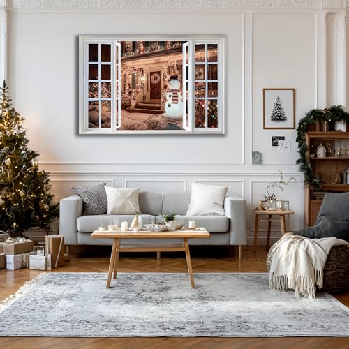 AMAZING WALL Christmas Eve House and Snowman Peel and Stick 3D Fake Window Stickers Removable and Self-Adhesive Sea Wall Decals for Bedroom/Nursery/School Decoration,24x36in/2PCS - color: Christmas Snowman, size: 24x36"/2pcs
