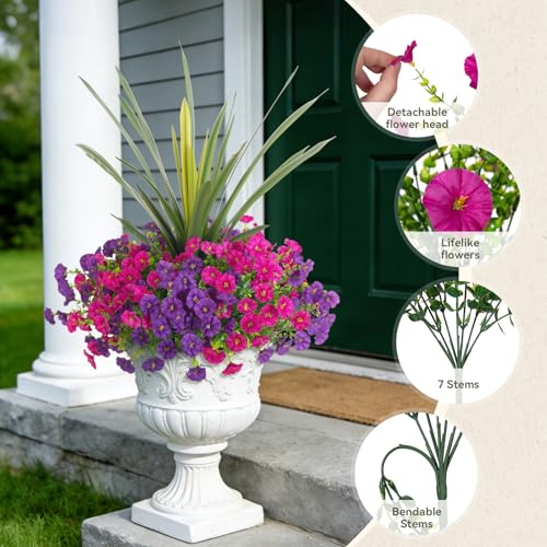 Artificial Flowers for Outdoors Fake Plants Outside, 12 Bundles Silk Morning Glory with Eucalyptus + Orchid Leaf UV Resistant Realistic Faux Flowers for Porch Planter Garden Patio (Purple Fuchsia) - color: Purple Fuchsia