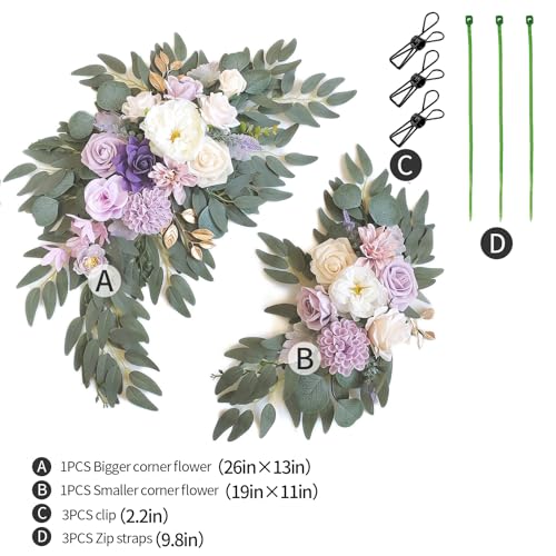 Faux Flower Swag Set of 2 for Wedding Welcome Signs Floral Swag Wedding Reception Ceremony Signs Decor (Purple) - color: Purple-cream