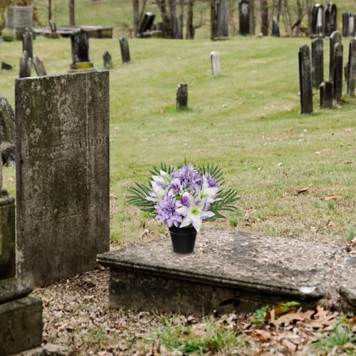 Hollyone Artificial Cemetery Flower for Graves, White Purple Faux Lily Dahlia Flowers in Pot Silk Cemetery Memorial Flowers for Outdoors Gravesites Headstones Home Decoration - color: Purple-dahlia Lily
