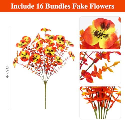 16 Bundles Artificial Fall Flowers for Outdoors, Realistic No Fade Fake Silk Flowers, Faux Fall Plants for Outside Planters, Porch, Patio, Garden Decor(Sunset) - color: Sunset, size: 16PCS