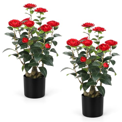 Romantic Season 2FT Red Artificial Camellia Tree 2Pack, Faux Camellia Plant Fake Potted Camellia Flower Tree for Modern Home Office Living Room Floor Décor - color: Red, size: 2FT