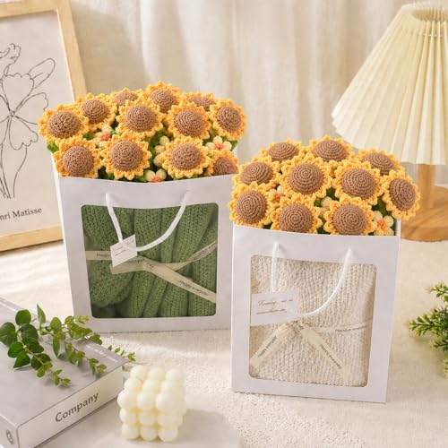 Crochet Flower Bouquet Throw Blanket, Cute Romantic Gift for Her Girlfriend Mom Mother’s Day Valentine Wedding Anniversary Birthday (Green Sunflower, 40 inches) - color: Green Sunflower, size: 40 inches