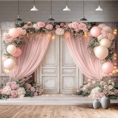 6X4ft Wedding Floral Backdrop Vintage White Wood Barn Doors Pink Rose Flowers Elegant Photography Background Bridal Anniversary Party Photo Shoot Decor Props - color: Multi10, size: 6X4ft