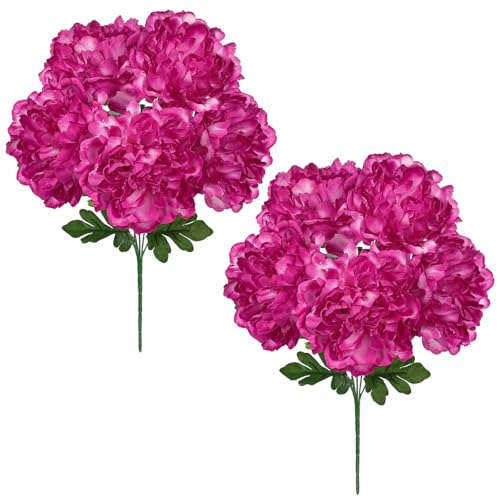 Briful 2 Pack Hot Pink Artificial Peony Flowers Bouquet 15.7" Faux Silk Peonies Floral Arrangement Fake Flower Stems for Home Office Wedding Party Table Vase Centerpiece Decor - color: Fuscia-2pack