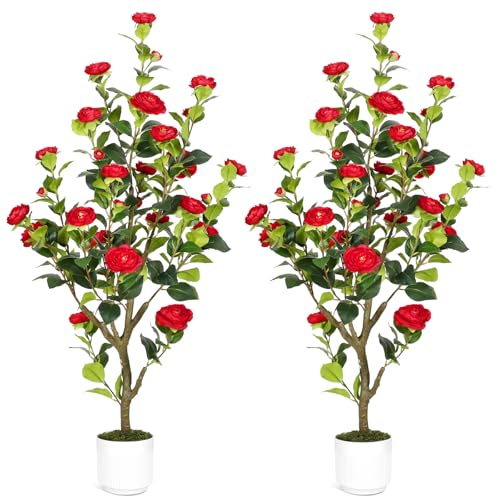 4FT Artificial Camellia Tree with Red Flowers, Faux Hydrangea Tree in Pot for Indoor & Outdoor Decor, UV Resistant Fake Plant for Home, Porch, or Office Decoration (2, Red) - color: Red 4ft X2