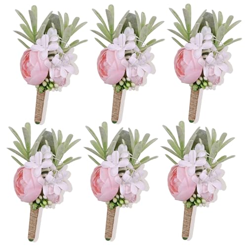 Pink Boutonnieres for Men 6Pcs Faux Silk Wedding Prom Groom | Faux Pink Boutonniere for Wedding Prom Homecoming Anniversary Formal Dinner Party Engagement Graduation Gift Groom Best Man - color: Pink3# Boutonniere(6 Piece)