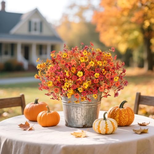 12 Bundles Fake Mums Fall Flowers Artificial for Outdoors Decoration Artificial Mums Faux Plants Daisy for Outdoor Outside Planters UV Resistant Violets for Fall Decor Home Porch Door Front Patio Yard - color: Z3-orange, Autumn Red, Yellow