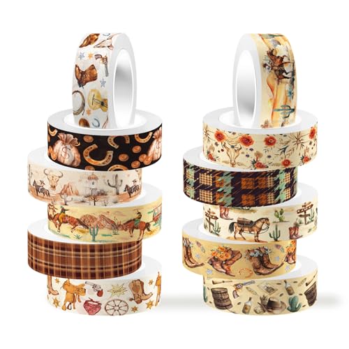 12 Rolls Western Washi Tapes, Wild West Cowboy Masking Tapes, Cowboy and Cowgirl Decorative Adhesive Stickers for Handbook Sticker Scrapbook Journaling Party Supplies DIY Craft Gift Wrapping 16.4FT - color: F