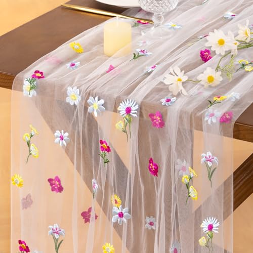 Socomi Flower Table Runner Summer Ivory White Daisy Floral Tulle Gauze Cheesecloth Embroidery Table Runners for Tea Party Garden Wedding Bridal Baby Shower Birthday Picnic Decor - color: Flower Ivory, size: 10ft X 1pc