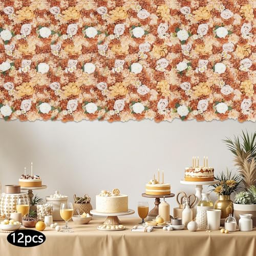 12Pcs Artificial Flower Wall Panel 3D Floral Backdrop Walls 15" X 15" Flower Wall Decor Flower Backdrop Faux Rose Panel for Party Home Background, Brown Champagne - color: Caramel Brown, Champagne