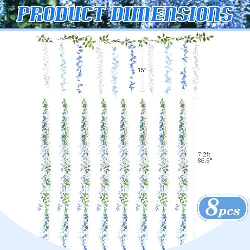 Thiccywoov 8pcs Wisteria Artificial Flowers Garland, 7.2Ft/Piece Wisteria Hanging Flowers Garland for Wedding Arch Decoration Outdoor Ceremony Home Backdrop Garden (Light Blue,Dark Blue,White) - color: Light Blue, Dark Blue,white