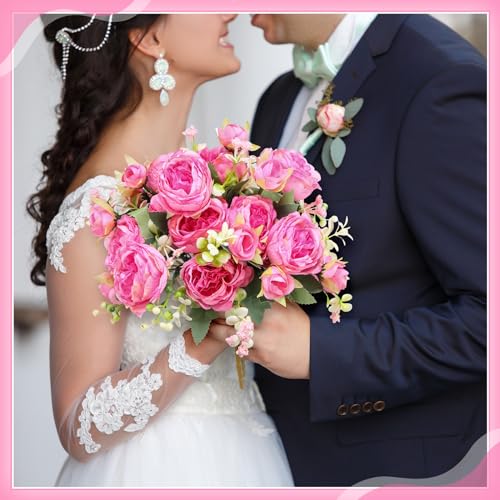 Crowye 4 Bundles Peonies Artificial Flowers Silk Faux Peonies Wedding Artificial Flower Bouquet for Table Centerpiece for Home Wedding Decor Bridal Floral Arrangement(Pink) - color: Pink
