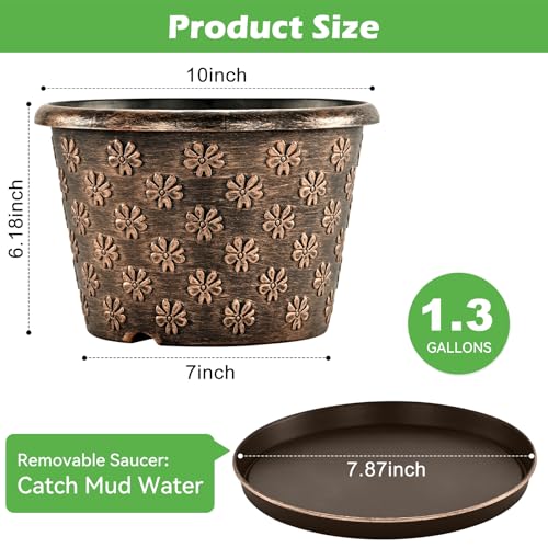 10 Inch Planter Pots for Plants, 4 Pack Plastic Large Flower Pots Indoor Outdoor, Resin Plant Pot with Drainage & Saucer, Retro Decorative Garden Pot with Removable Trays for House - color: 10 Inch