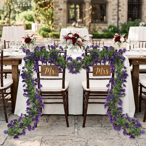 2 Pack Artificial Petunias Flowers Garlands, 6FT Purple Fake Morning Glory Flowers Eucalyptus Vine for Decoration Silk Flowers for Outdoor Home Garden Wall Wedding Decor(Purple) - color: Purple